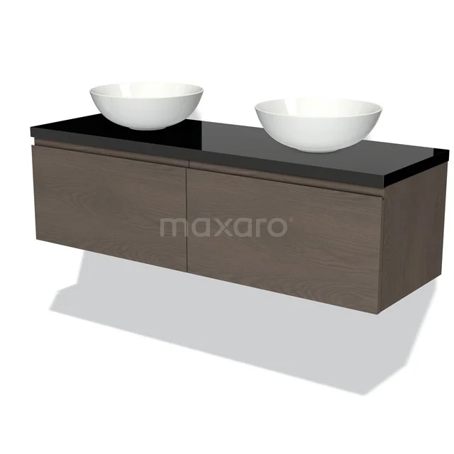 Modulo Plato Badmöbel mit Aufsatzwaschbecken | 140 cm Dunkelbraune Eiche Grifflos front Hochglanz Schwarz blatt 2 nebeneinanderliegende Schubladen BMK12-01365 Braunes schwebendes Badezimmermöbel mit schwarzer Glasplatte und doppelten weißen keramischen Aufsatzwaschbecken, modernes und stilvolles Design.
