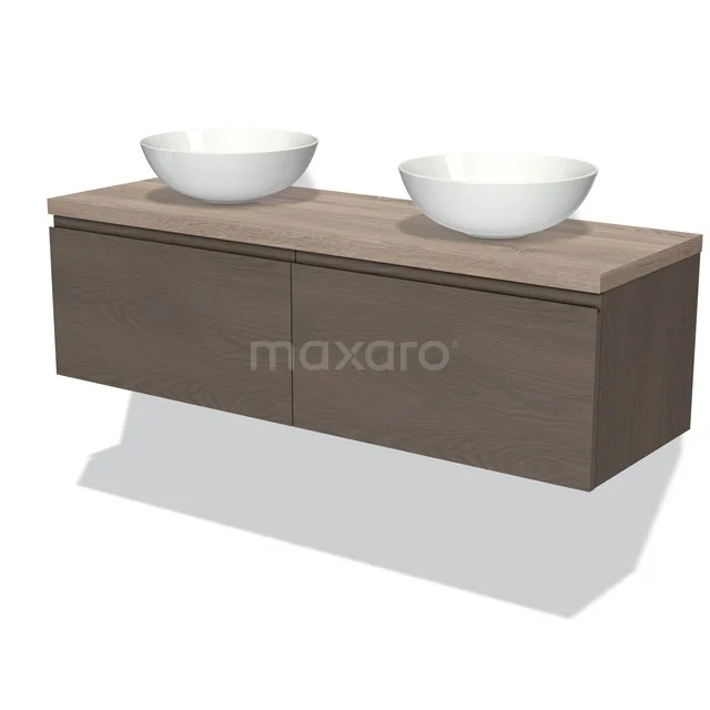 Modulo Plato Vanity units for countertop basin | 140 cm Dark brown oak Handle-less front Oak worktop 2 Side-by-side drawers BMK12-01366