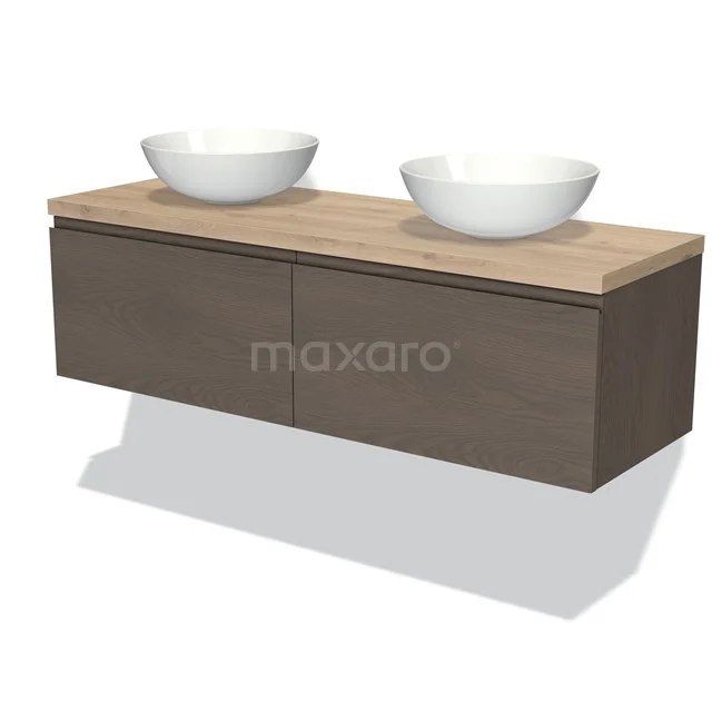 Modulo Plato Badmöbel mit Aufsatzwaschbecken | 140 cm Dunkelbraune Eiche Grifflos front Hellbraune Eiche blatt 2 nebeneinanderliegende Schubladen BMK12-01368 Holz-Badmöbel mit zwei weißen Aufsatzwaschbecken, hängendes Design, dunkelbraune Schubladen, ideal für moderne Bäder.