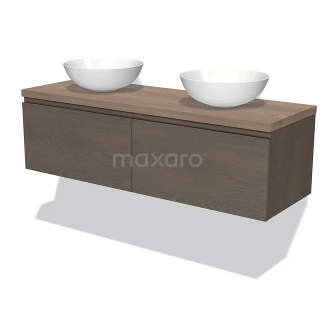 Hölzernes Badezimmermöbel mit zwei weißen Aufsatzwaschbecken, modernes Design und hängendes Modell, ideal für stilvolle Badezimmer.