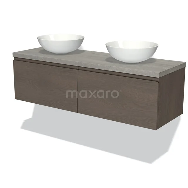 Wandregal Badezimmer, Holzoptik, Grau Doppel Waschbeckenmöbel mit keramischen Aufsatzwaschbecken, modernes Design.