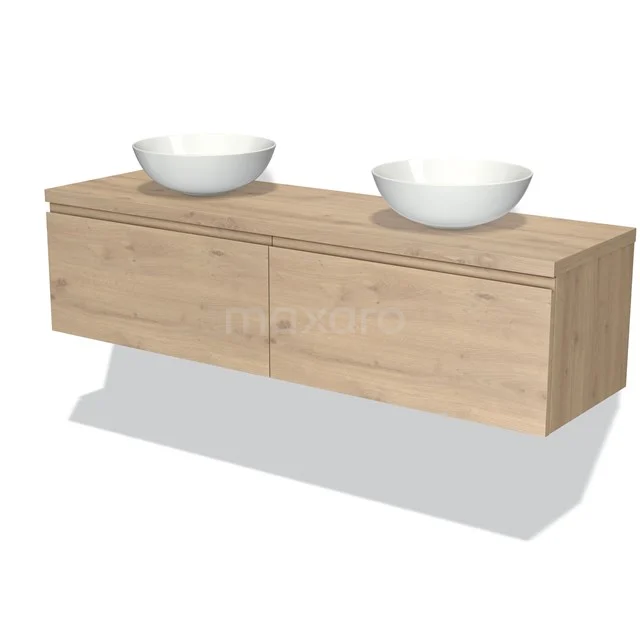 Holz Badezimmermöbel mit zwei weißen Aufsatzwaschbecken, moderne Wandmontage, natürliche Eiche Optik für eine stilvolle Einrichtung.