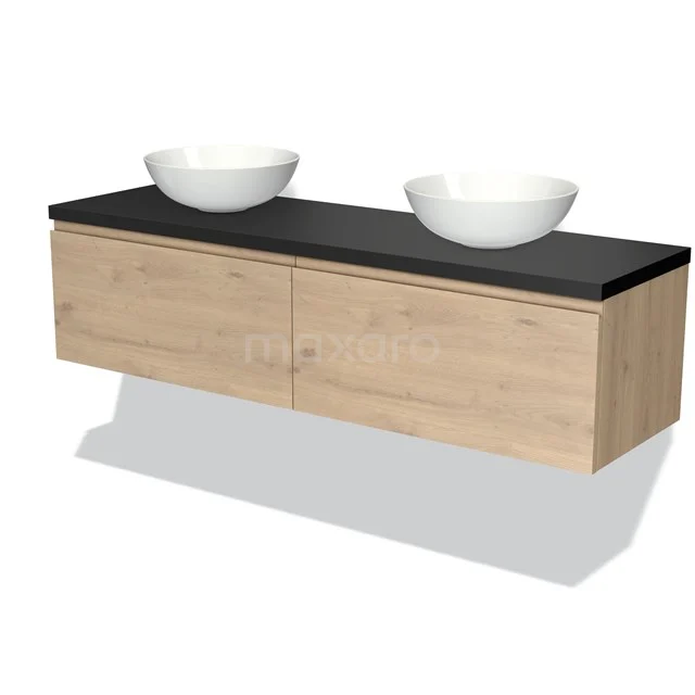 Hölzernes Badezimmermöbel mit hängendem Design, schwarzer Platte und doppelten weißen Aufsatzwaschbecken; modern und stilvoll für dein Badezimmer.