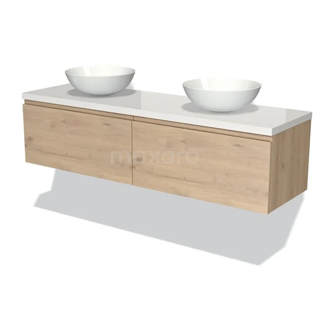 Badmöbel für Aufsatzwaschbecken 160cm Modulo Plato Hellbraune Eiche 2 Schubladen Grifflos Hochglanz Weiß Platte BMK12-01375 Holz Badezimmermöbel mit zwei weißen Aufsatzwaschbecken, schwebendes Design und Softclose Schubladen, ideal für ein modernes Badezimmer.