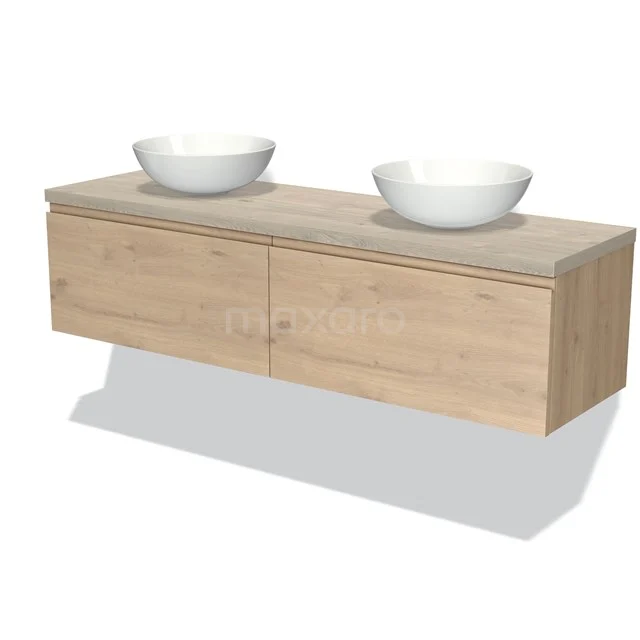 Zweiflügelige Eichen Badmöbelset mit doppelten weißen Aufsatzwaschbecken, ideal für einen modernen Badezimmerstil.