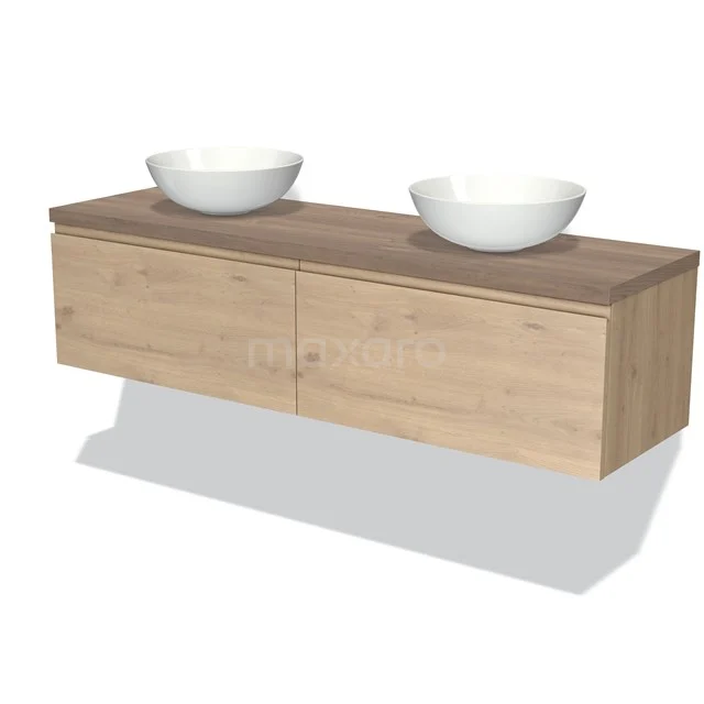 Holz Badezimmermöbel mit zwei weißen Aufsatzwaschbecken, schwebendes Design, moderner Eiche-Look, ideal für ein stilvolles Badezimmer.