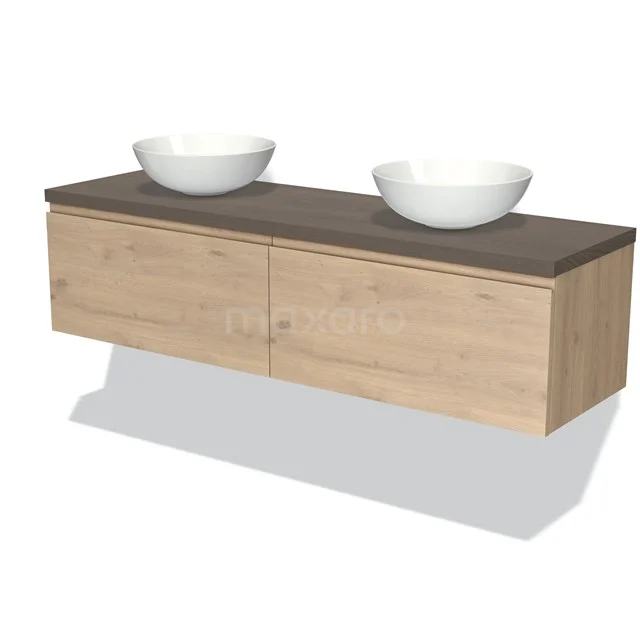 Hölzernes Badezimmermöbel mit Dunkelgrau Platte und zwei aufstehenden weißen Aufsatzwaschbecken, modernes Design für ein stilvolles Badezimmer.