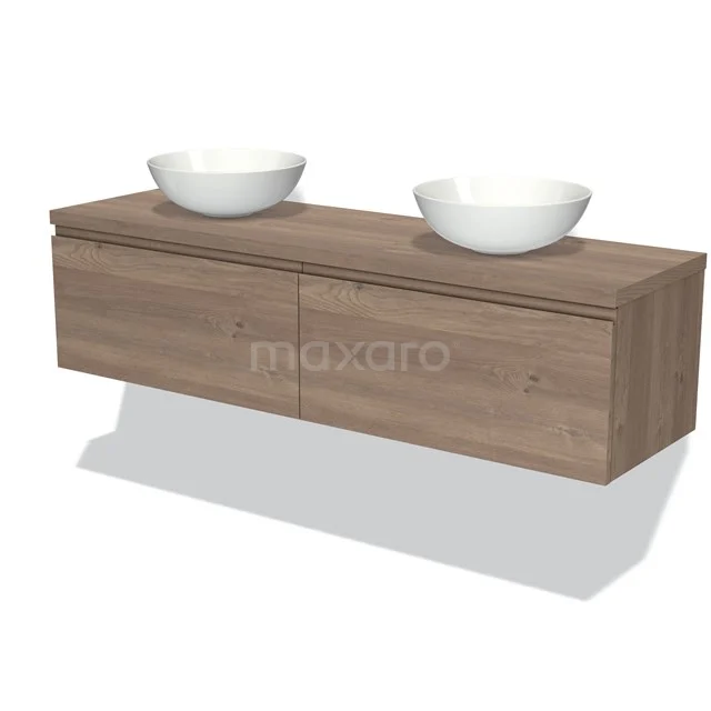 Holz Badezimmermöbel mit 2 Aufsatzwaschbecken, modernes Design, Eiche-Look, perfekt für eine stilvolle und praktische Badezimmergestaltung.