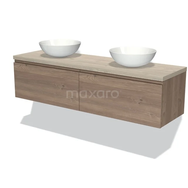 Zwevend Eichen Badezimmermöbel mit doppelten Aufsatzwaschbecken, moderne Formgebung und minimalistischem Design.