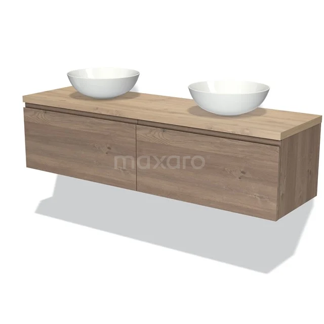 Holz Badmöbel mit zwei weißen Aufsatzwaschbecken, schwebendes Design, ideal als moderne Waschbeckenlösung für das Badezimmer.