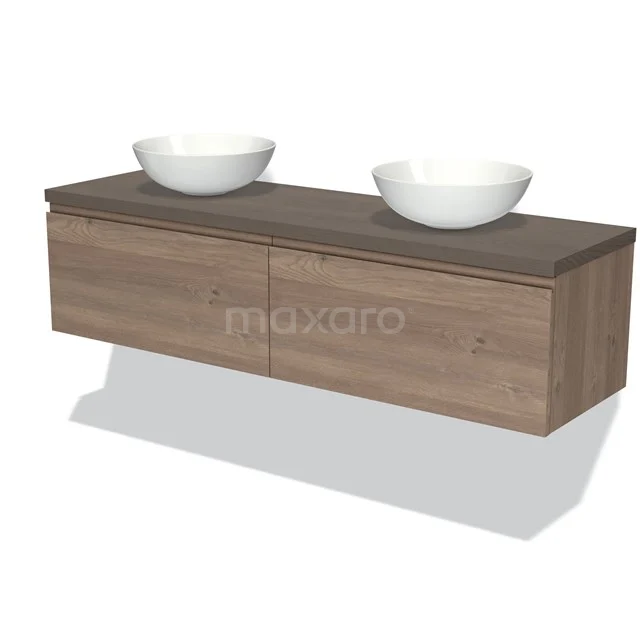 Hängendes Badezimmermöbel aus Holz mit Doppelwaschbecken, modernes Design, ausgestattet mit zwei Schubladenpaneelen und einer warmen Holzoberfläche.