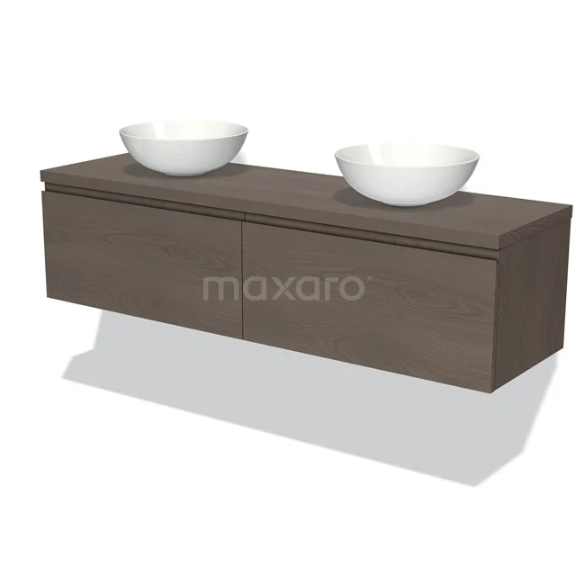 Houten badkamermeubel met twee witte ronde waskommen, minimalistisch design en wandmontage. Perfect voor een moderne badkamer.