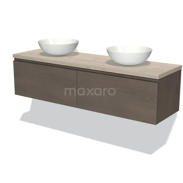 Badmöbel für Aufsatzwaschbecken 160cm Modulo Plato dunkelbraune Eiche 2 Schubladen grifflos hellgraue Eiche Platte BMK12-01388 Holzmöbel mit zwei weißen Aufsatzwaschbecken, minimalistisches Design, perfekt für eine moderne Badezimmer Einrichtung.