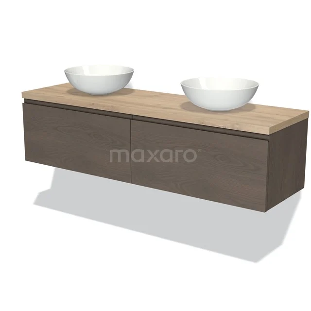 Bathroom unit wood-look with two white countertop wash basins, hanging design, modern and space-saving for a stylish bathroom.