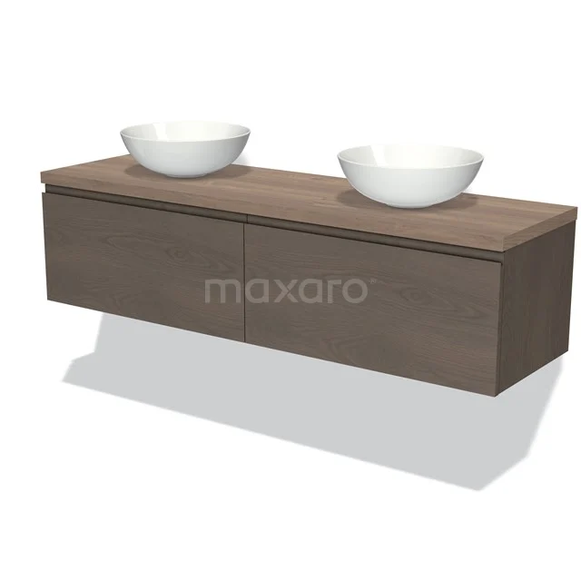 Badezimmermöbel Holzoptik mit zwei weißen Aufsatzwaschbecken, modernes hängendes Design, ideal für die Einrichtung eines Doppelwaschbecken Badezimmers.