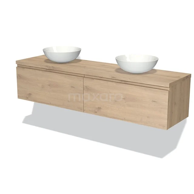 Wooden bathroom unit with two white countertop basins, floating design, light Oak look, ideal for modern bathrooms.
