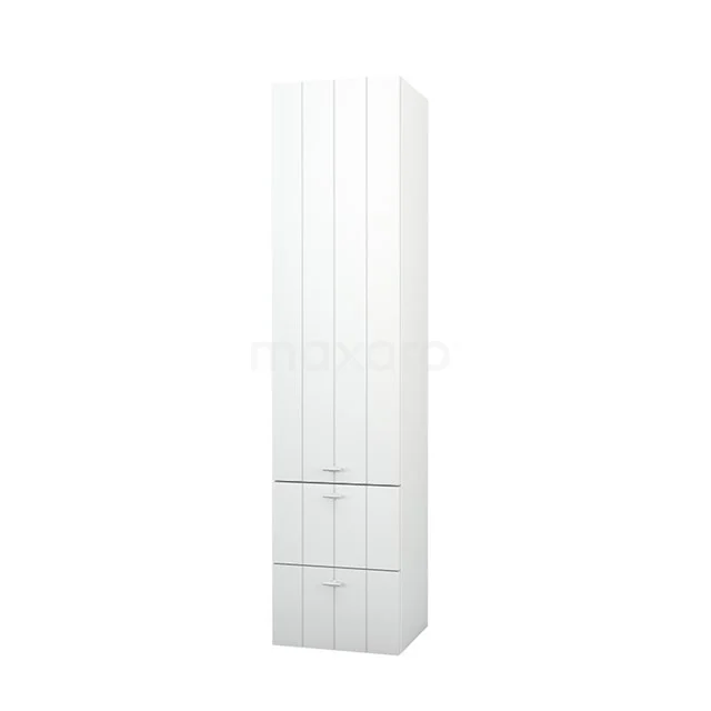 Weißer Badschrank hoch, minimalistisches Design mit zwei Schubladen und einer Tür, ideal zum Verstauen in modernen Bäder.