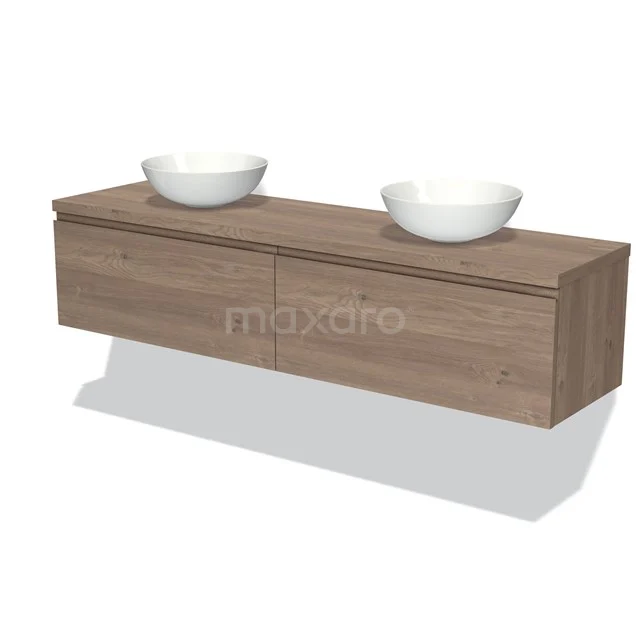 Hölzernes Badezimmermöbel mit Doppelwaschbecken, modernes Design in Eiche-Optik, einschließlich Aufsatzwaschbecken in weißer Keramik.