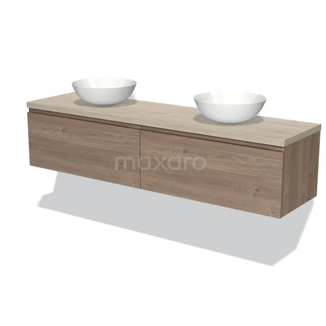 Modulo Plato Badkamermeubel voor waskom | 180 cm Middenbruin eiken Greeploos front Lichtgrijs eiken blad 2 lades naast elkaar BMK12-01400