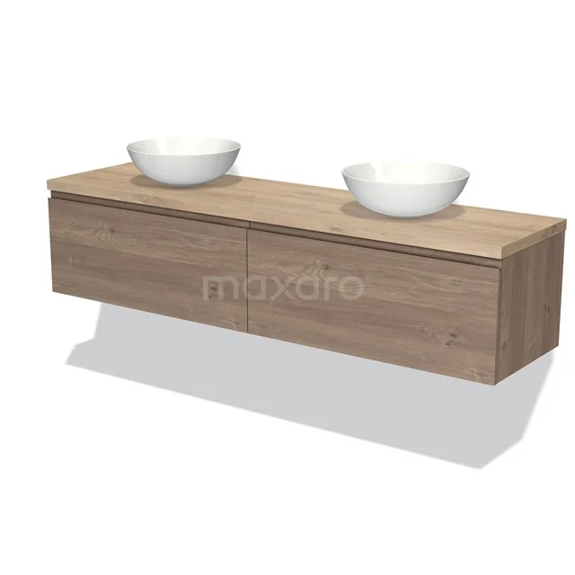 Wooden bathroom unit with two white basins, modern design and floating assembly, ideal for stylish bathrooms.