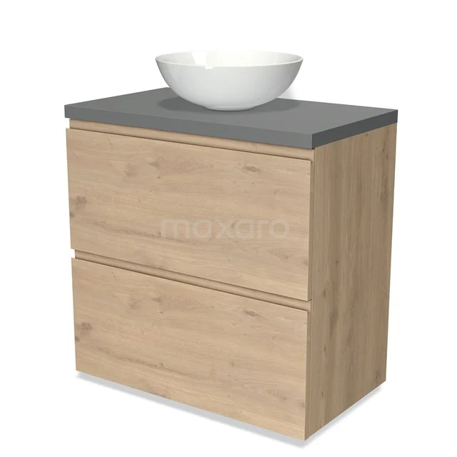 Bathroom unit wood-look with concrete-look basin worktop and round bowl, 2 drawers, sleek design.
