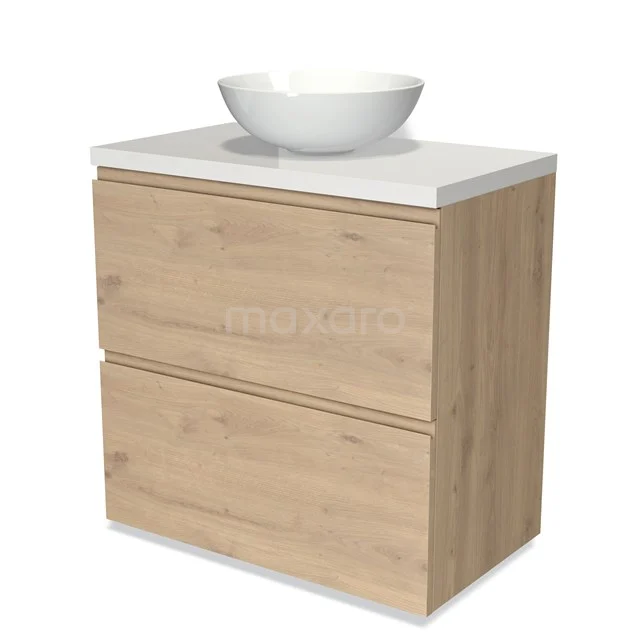 Holz Badezimmermöbel mit zwei Schubladen, weißem Aufsatzwaschbecken und modernem Design, perfekt für eine moderne Badezimmergestaltung.