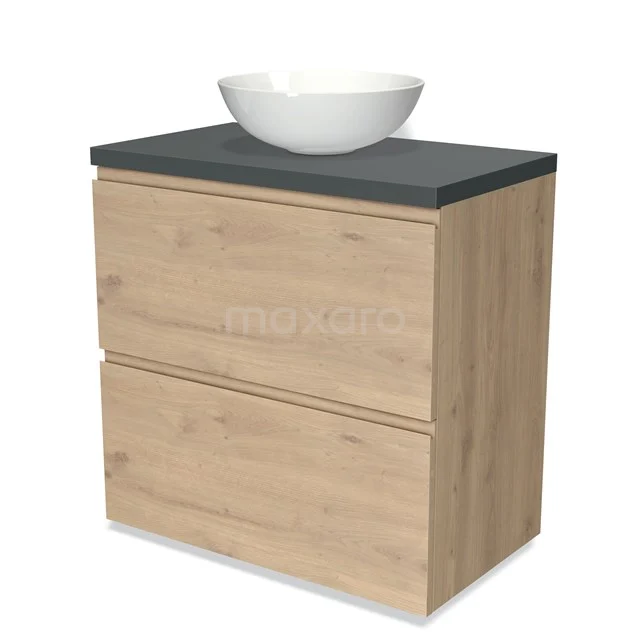 Wooden bathroom unit with two drawers, black top plate and white countertop wash basin; stylish design suitable for modern bathrooms.