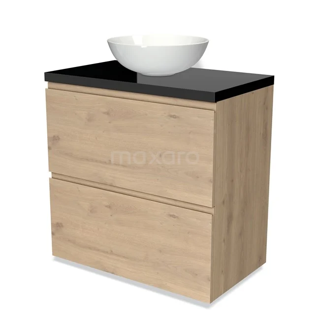 Hölzernes Badezimmermöbel mit schwarzer Platte und weißem Aufsatzwaschbecken, modernes Design und zwei Schubladen für praktischen Stauraum.