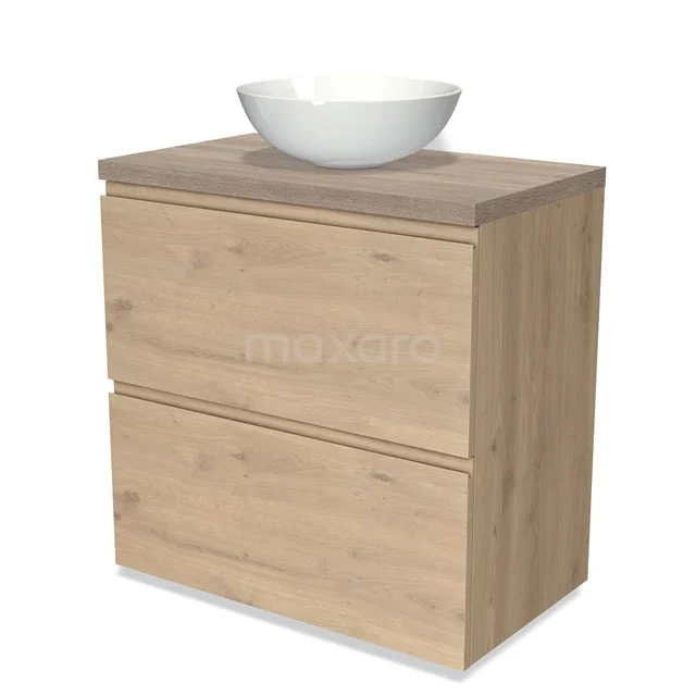 Holz Badezimmermöbel mit zwei Schubladen, beige Farbe, inkl. weißem Aufsatzwaschbecken; ideal für ein modernes Badezimmer.