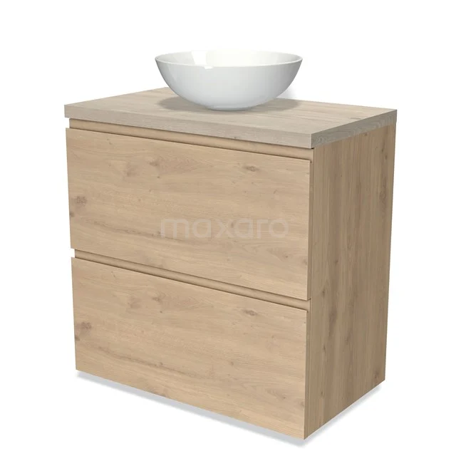 Holz Badezimmermöbel mit zwei Schubladen und einem weißen Aufsatzwaschbecken, modernes Design, ideal für stilvolle Badezimmergestaltung.