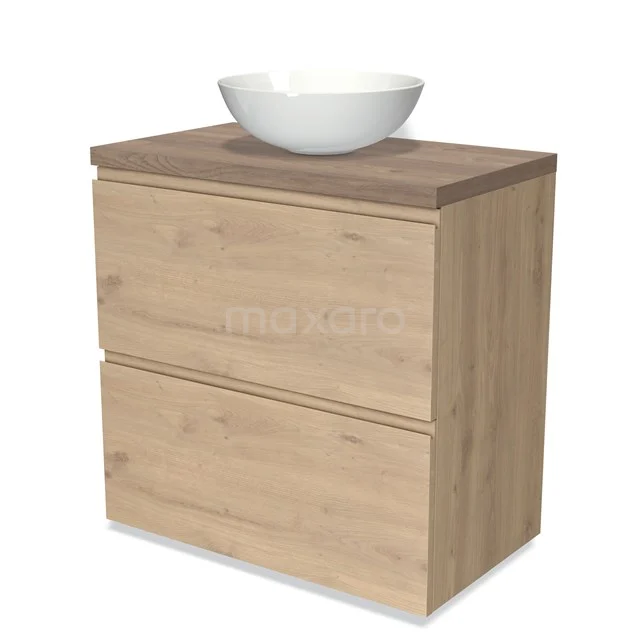 Holz Badezimmermöbel mit zwei Schubladen und weißem Aufsatzwaschbecken, modernes Design und natürliche Eiche Optik.