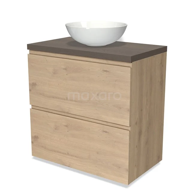 Wooden bathroom unit with two drawers, dark worktop and round white vanity units with basin, ideal for modern bathroom design.