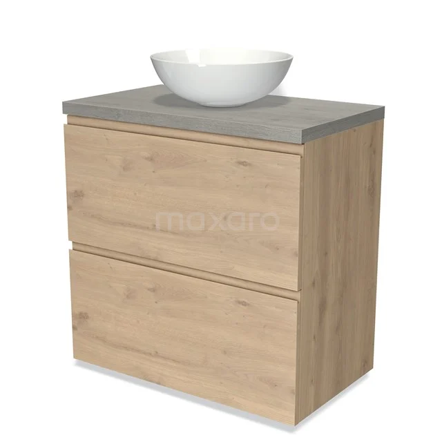 Holz-Badmöbel mit zwei Schubladen, graue Beton-Waschtischplatte und modernes weißes schalenförmiges Waschbecken.