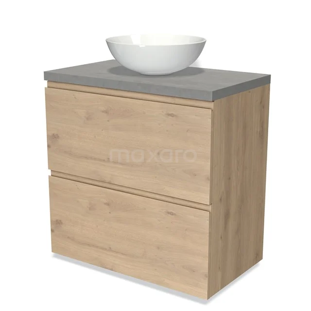 Badmöbel Holzoptik mit Betonplatte und rundem Aufsatzwaschbecken, ideal für eine moderne Badezimmergestaltung.