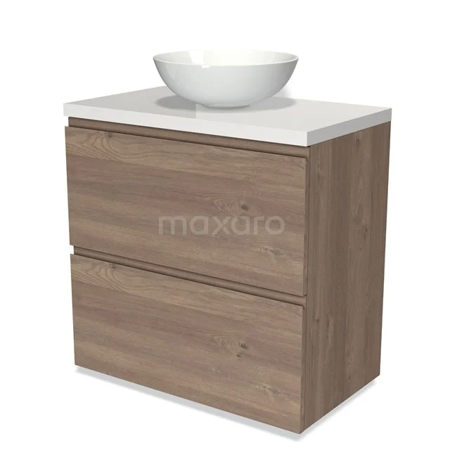 Modulo Plato Vanity units for countertop basin | 80 cm Mid brown oak Handle-less front High-gloss white worktop 2 stacked drawers under each other BMK13-00913