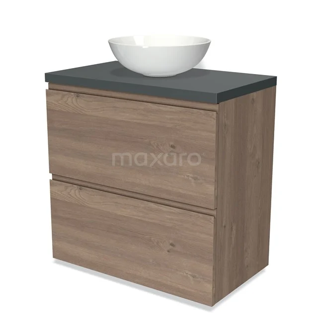 Modulo Plato Vanity units for countertop basin | 80 cm Mid brown oak Handle-less front Dark grey worktop 2 stacked drawers under each other BMK13-00915
