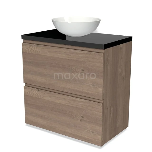 Holz Badezimmermöbel mit Schwarz Platte, schalenförmiges weißes Waschbecken, 2 Schubladen und modernes Design.