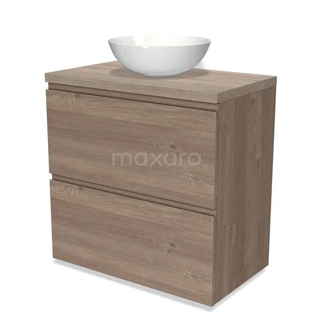 Modulo Plato Vanity units for countertop basin | 80 cm Mid brown oak Handle-less front Oak worktop 2 stacked drawers under each other BMK13-00917