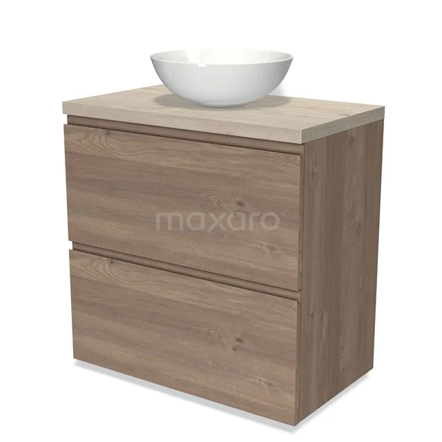 Holz Badezimmermöbel mit zwei Schubladen und einem weißen Aufsatzwaschbecken im modernen Stil, ideal für stilvolle Badezimmerlagerung.