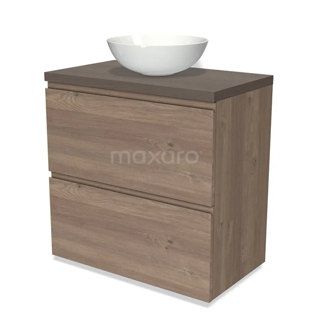 Modulo Plato Vanity units for countertop basin | 80 cm Mid brown oak Handle-less front Dark brown oak worktop 2 stacked drawers under each other BMK13-00921