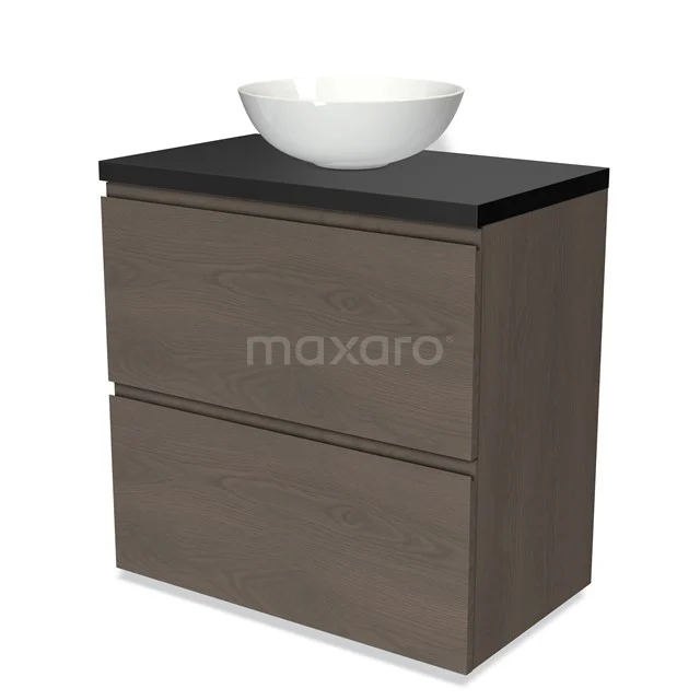 Holz-Badmöbel mit Waschbecken, moderne schwarze Oberseite, zwei Schubladen und stilvolle Verarbeitung für ein zeitgemäßes Badezimmer.