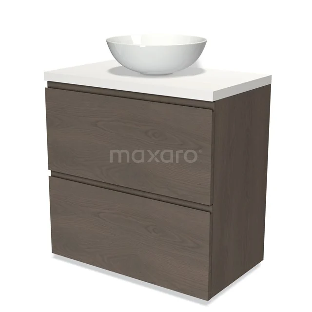 Wooden bathroom unit with white countertop wash basin, modern design, including two drawers, ideal for stylish bathroom storage.