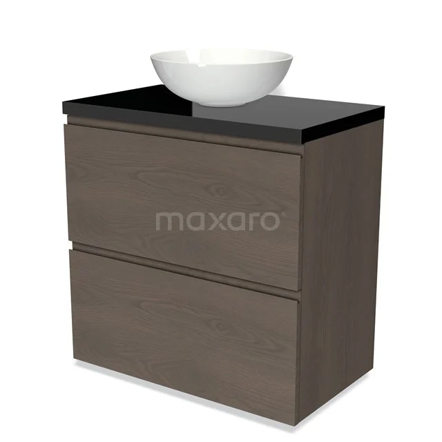 Modulo Plato Vanity units for countertop basin | 80 cm Dark brown oak Handle-less front High-gloss black worktop 2 stacked drawers under each other BMK13-00930