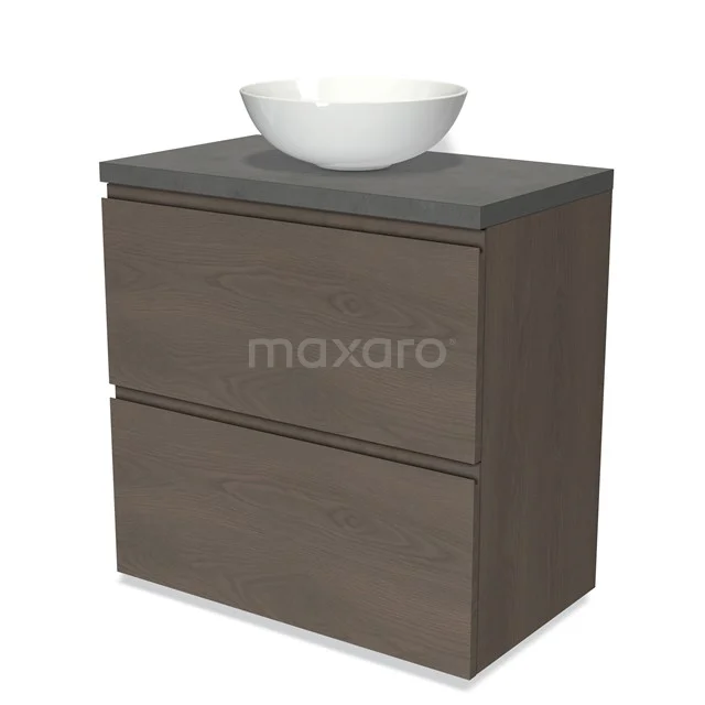 Modulo Plato Vanity units for countertop basin | 80 cm Dark brown oak Handle-less front Dark grey concrete worktop 2 stacked drawers under each other BMK13-00938