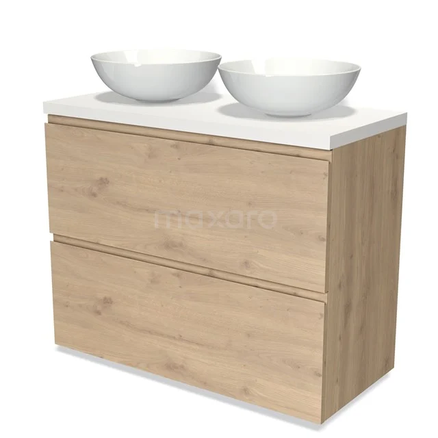 Holz Badezimmermöbel mit zwei weißen Aufsatzwaschbecken, modernes Design, einschließlich Softclose-Schubladen und natürlicher Eichenholzoberfläche.