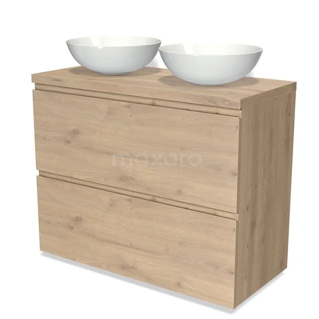 Holz-Badmöbel mit zwei weißen keramischen Aufsatzwaschbecken, modernes Design, geeignet für luxuriöse Bäder.