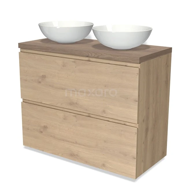 Holz Badezimmermöbel mit zwei weißen runden Aufsatzwaschbecken, modernes Design aus Eiche, ideal für stilvolle Bäder.