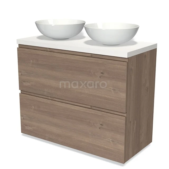 Holz-Badmöbel mit zwei weißen Aufsatzwaschbecken, modernes Design, ideal für stilvolle und funktionale Badezimmer.