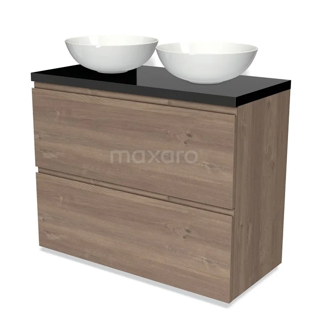 Holz-Badmöbel mit zwei weißen Aufsatzwaschbecken, einer schwarzen Platte und modernem Design, ideal für einen modernen Badezimmerstil.