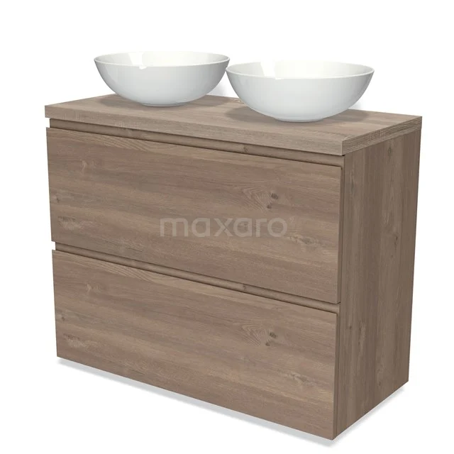 Holz Badezimmermöbel mit zwei weißen Waschbecken, modernes Erscheinungsbild, ideal für ein stilvolles Badezimmer.